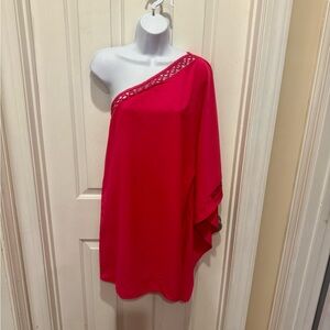 One-Shoulder Pink Dress with Embellished Trim